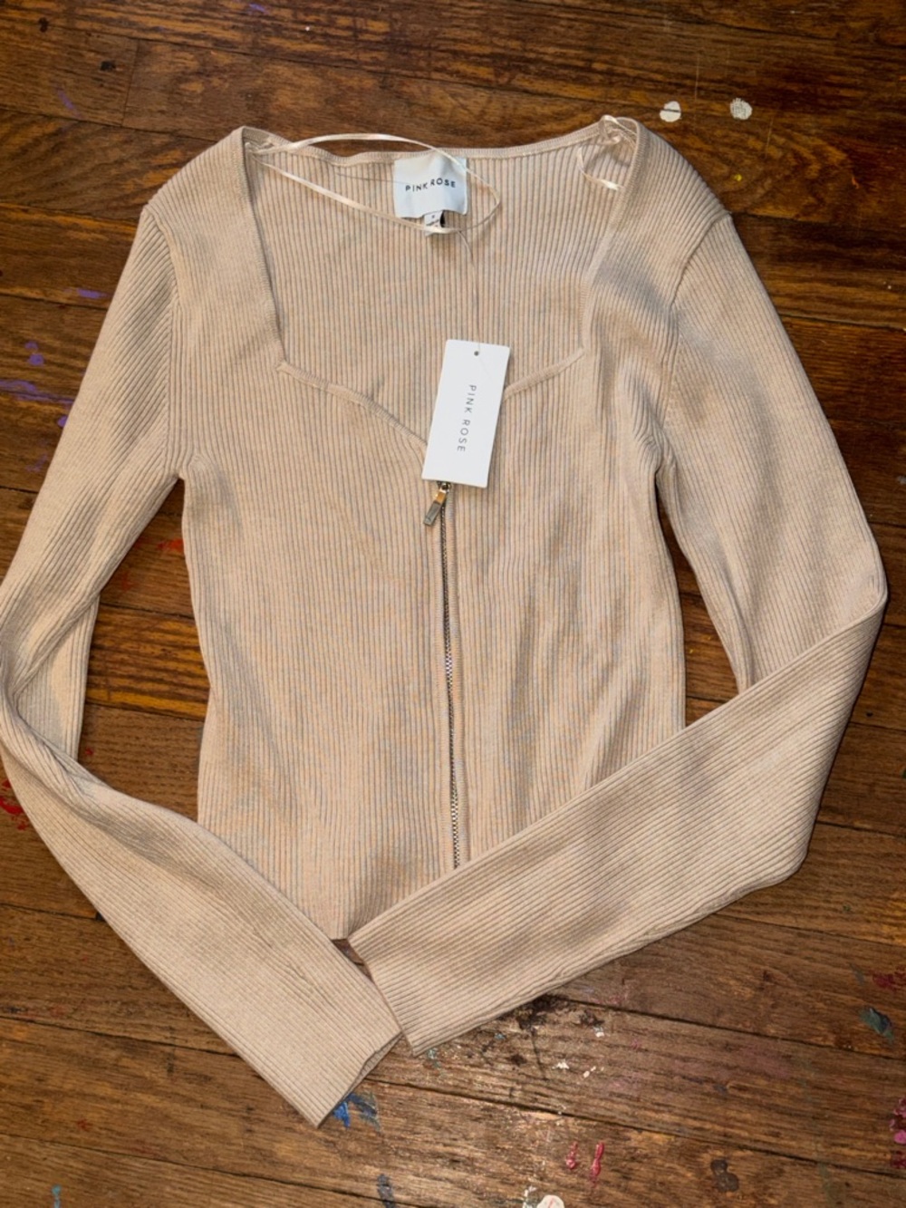 Pink Rose Taupe Ribbed Zip-Up Long Sleeve Top